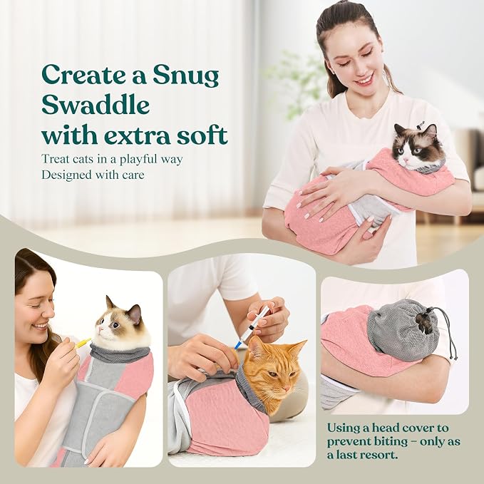 Supet Cat Grooming Wrap for Cutting Nails, Self-Adhesive Calm Cat Swaddle | Bite-Proof Mesh Hood & Thick Waist Strap Anti-Escape Anti-Scratch Bag for Nail Trimming, Medication, Ear Cleaning (Pink L)