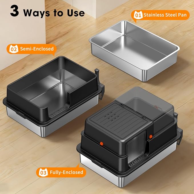 XXXL Stainless Steel Cat Litter Box with Lid – 28.3"×20.2"×17.3", Black | Enclosed High-Sided Cat Litter Box, Non-Stick Rustproof Pan & Leak-Proof Base, for Large & Multi-Cat Homes, Footboard & Scoop