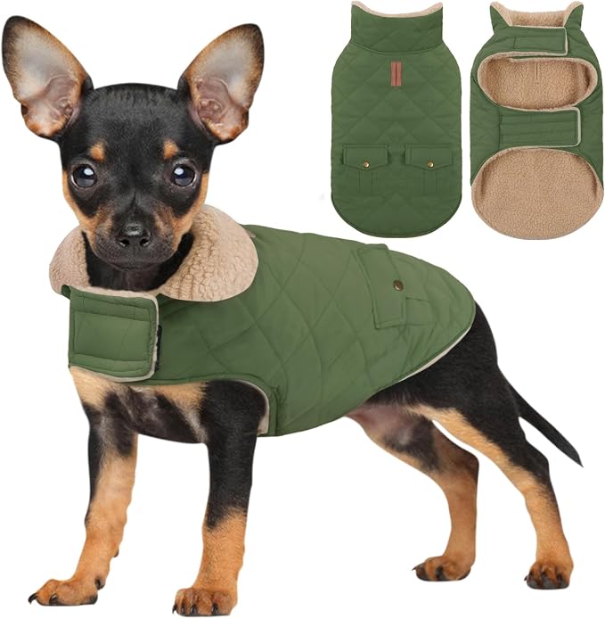 Winter Coat for Small Dogs, Puppy Plaid Jacket, Dog Jacket for Cold Weather, Windproof Warm Garments, Pets Thickened Outfits Indoor Outdoor, Army Green S