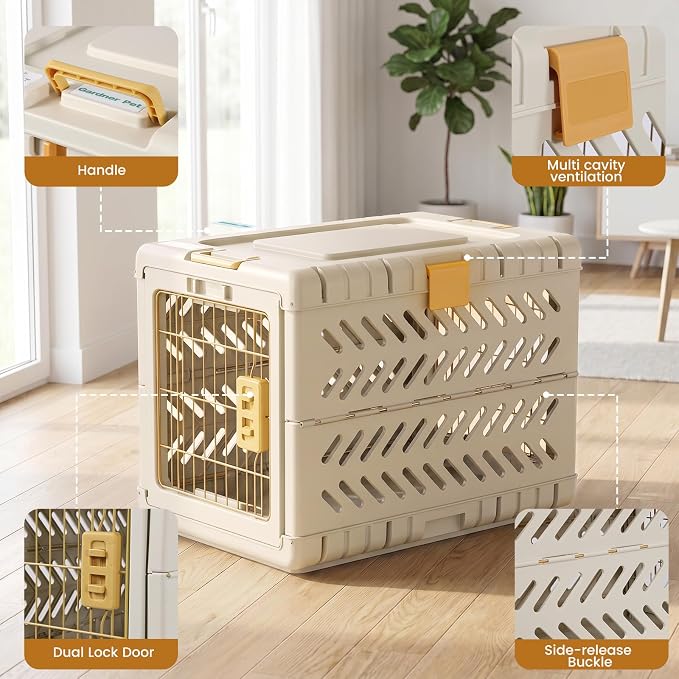Collapsible Dog Crate for Large/Medium Dogs - 36" L Foldable Dog Cage No-Tool Assembly, Travel Dog Crate with 2 Wheels - Easy to Carry, Space-Saving, Indoor Outdoor Use, Cream, 36.4”L*22.84”W*25.8”H