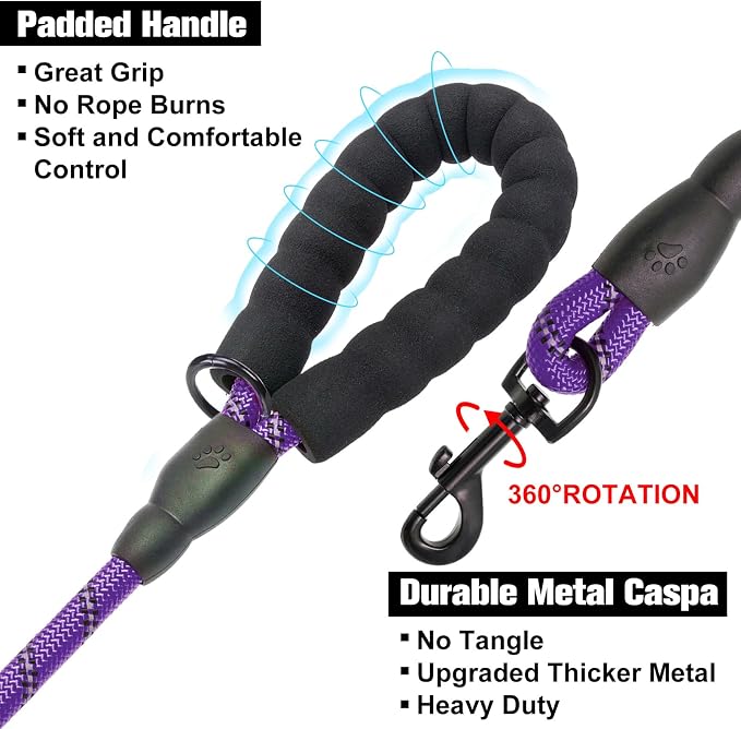 BEAUTYZOO Heavy Duty Rope Dog Leash 6 Pack, 5FT Nylon Pet Lead With Reflective Thread, Soft Padded Handle for Large Medium Dogs Small Puppy