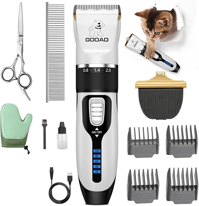 Quiet Cat Clippers & Cat Grooming Kit for Matted & Long Hair | 250Min Cordless Pet Shaver, Low Noise Pet Hair Trimmer for Grooming,2in1 Wide & Narrow Blades,4 Combs,Scissors & Glove(White)