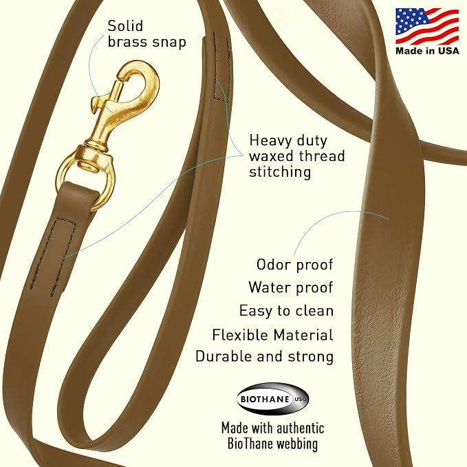 Viper Biothane K9 Working Dog Leash Waterproof Lead for Tracking Training Schutzhund Odor-Proof Long Line with Solid Brass Snap for Puppy Medium and Large Dogs, 15ft Coyote Brown