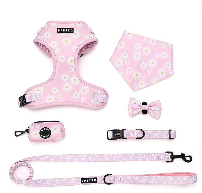 Small Dog Harness and Leash Set of 6, No Pull Soft Lightweight Mesh Puppy Harness， Adjustable Cute Floral Pattern Pet Harness for Small Medium Dogs (Pink Flowers, L)