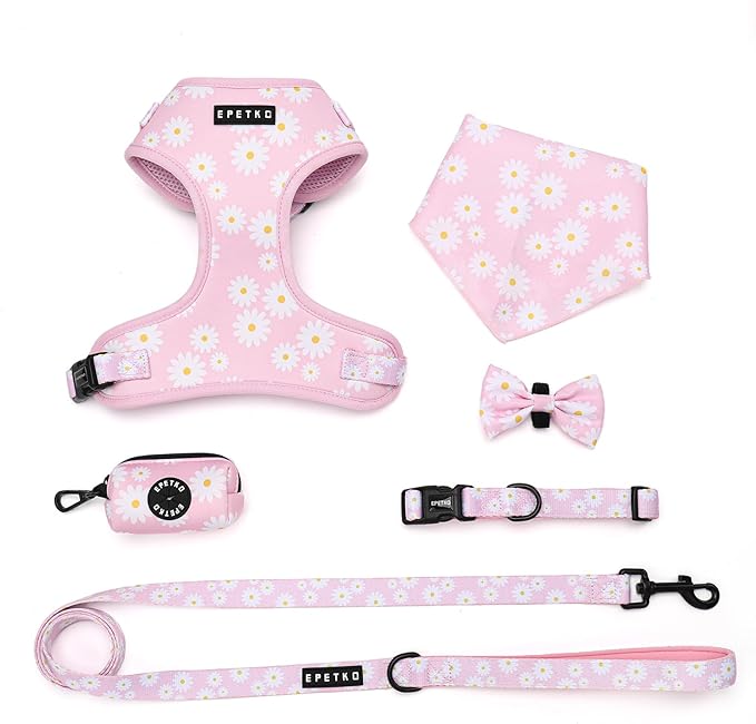 Small Dog Harness and Leash Set of 6, No Pull Soft Lightweight Mesh Puppy Harness， Adjustable Cute Floral Pattern Pet Harness for Small Medium Dogs (Pink Flowers, S)