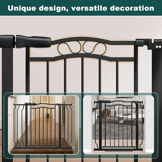 29.53"-43.30" Mornyray Auto-Close Baby Gate Extra Wide, Pressure Mounted Dog & Pet Gate for Stairs Doorways, No Drill Safety Barrier with Lace Design, Metal Child Proof Gate Indoor Outdoor, Black