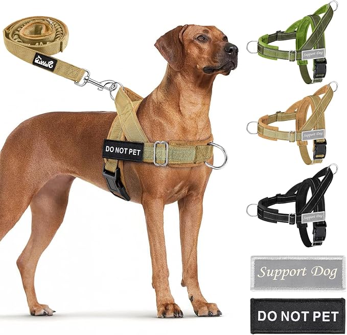 SlowTon No Pull Dog Harness - Heavy Duty Dog Harness and Leash Set for Medium Large Dogs, Reflective Tactical Harness with Soft Padded and Front Clip for Easy Walk and Training (Tan, S)