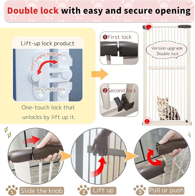Lumizone 61.02" Extra Tall Pet Gate for Cat Dog 30.12"-34.05" Wide Cream | Extra Tall Cat Gate for Doorway Hallway Stairs Pressure Mounted 1.37" Gap No Drilling Auto-Close Dual-Lock