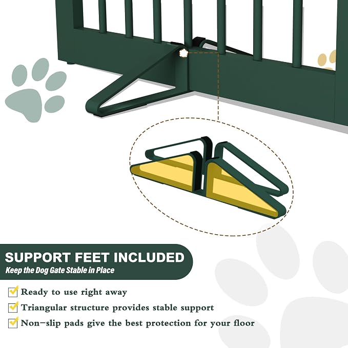 PUPETPO Freestanding Pet Gate for Dogs, Foldable Wooden Dog Gate for House, Stairs, Doorways, Step Over Pet Puppy Safety Fence,Support Feet Included,24" Height 2 Panels, Green