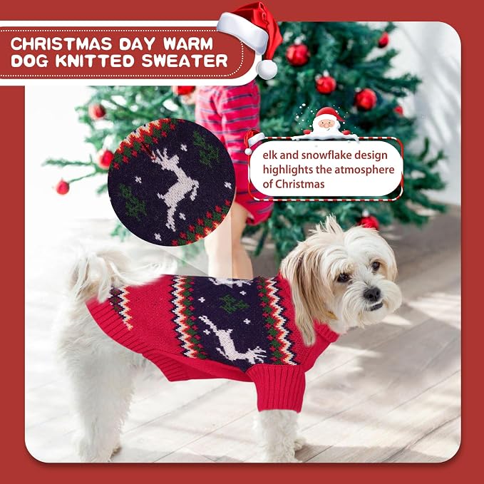 Queenmore Christmas Dog Sweater - Knitted Pullover Turtleneck Outfit, Warm Clothes for Small Dogs Boys or Girls L