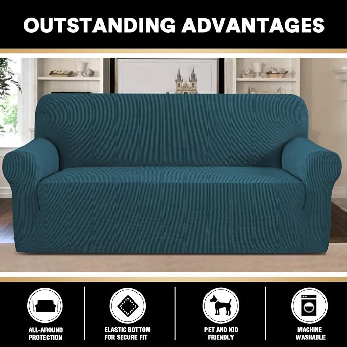 Stretch Sofa Cover Slipcover 1-Piece, Spandex Jacquard Fabric Universal Couch Cover for 3 Cushion, Washable Non Slip Sofa Cover, Pet Friendly (Large Sofa 90"-100",Deep Teal)