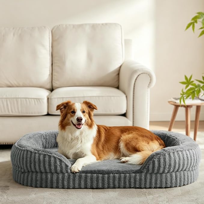 MIXJOY Orthopedic Dog Beds Large Sized Dog,Extra Large Washable Dog Bed Waterproof Oval Dogs Bed with Removable Cover,Egg-Crate Foam Big Pet Bed Couch with Bolster,Non-Slip Bottom,XL 42"X32",Grey