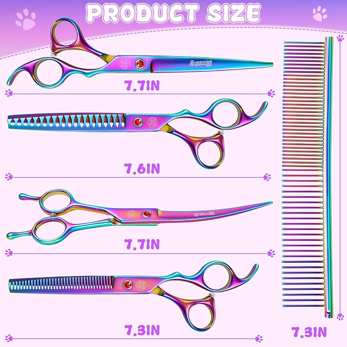 Professional Dog Grooming Scissors Set, 7 Inch/8 Inch Pet Grooming Scissors Chunkers Shears for Dog, Curved Dog Grooming Scissors, Thinning Shears for Dog with Grooming Comb | Pet Grooming Chunkers Shears for Dog, Curved Dog Grooming Scissors, Thinning...