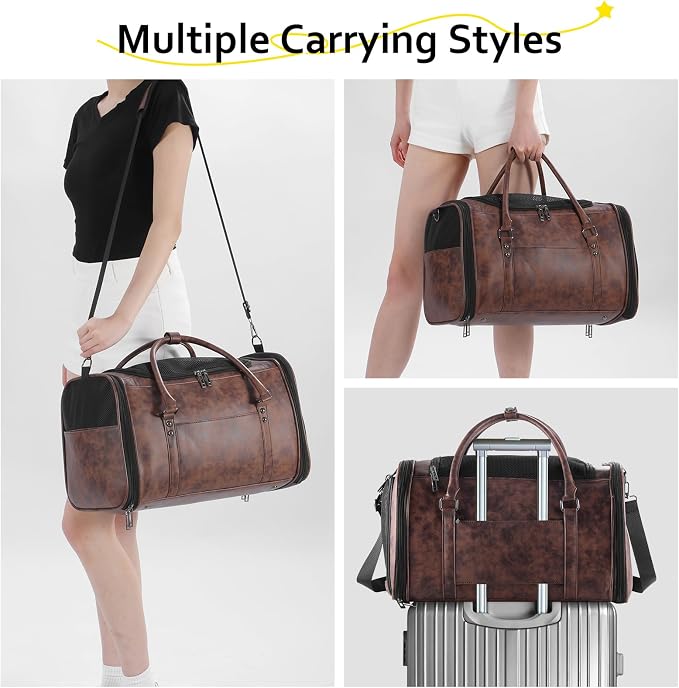Stylish Leather Pet Carrier for Small Dogs and Cats Up to 15 lbs, Airline Approved Lightweight Travel Tote with Breathable Mesh and Shoulder Strap Coffee
