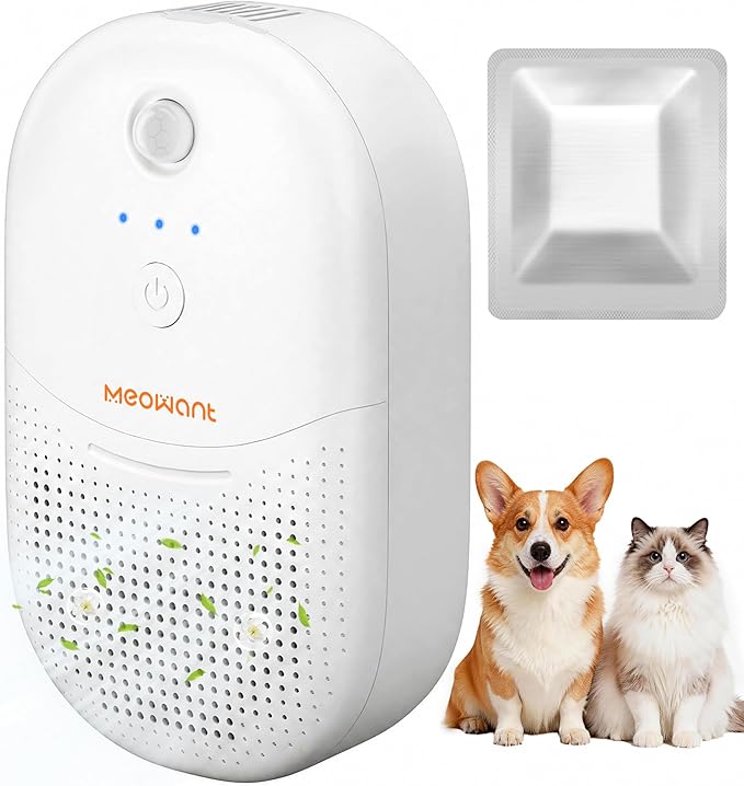 Meowant Cat Litter Odor Deodorizer, Negative Ion Air Purifier with Odor Deodorant Gel, 3 Auto Modes Pet Odor Eliminator with Sensor Monitor, Rechargeable Wireless Odor Remover for Multi-Pet Home
