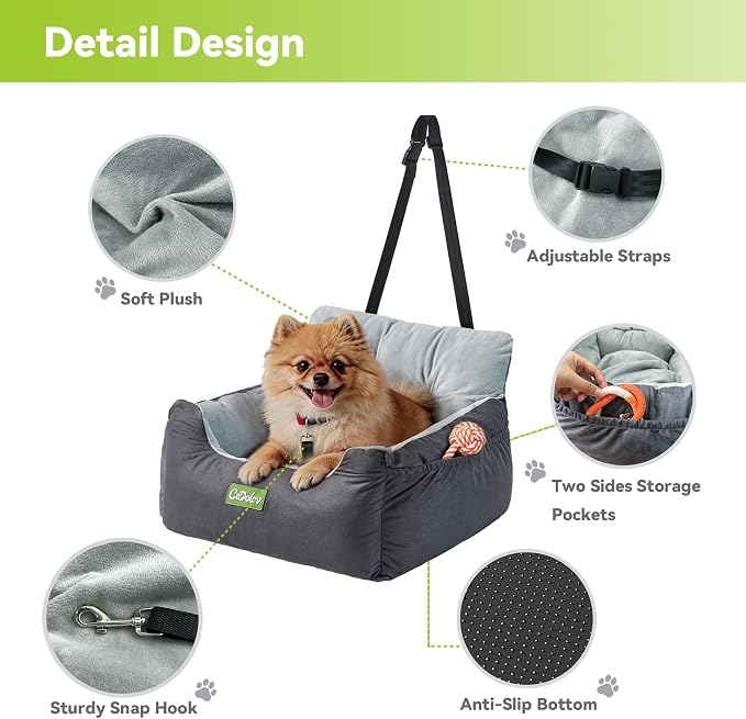Dog Car Seat with Safety Clip & Pockets for Small Dogs | up to 25lbs, Soft Comfy Pet Carseat, Fully Washable Travel Dog Car Bed, with Detachable Cushion