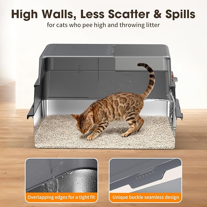 XXXL Stainless Steel Litter Box with Lid，28.3" L x 20.2" W x 17.3" H | Extra Large Enclosed Metal Cat Litter Box for Large Cat and Multiple Cats,Non-Sticky, Anti-Leakage, Easy to Clean