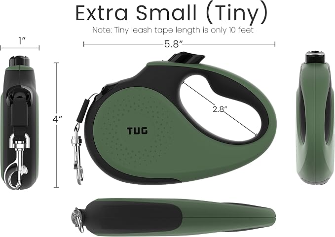 TUG Tiny 360° Tangle-Free Retractable Dog Leash with Anti-Slip Handle | 10 ft Nylon Tape | One-Handed Brake, Pause, Lock (Green)