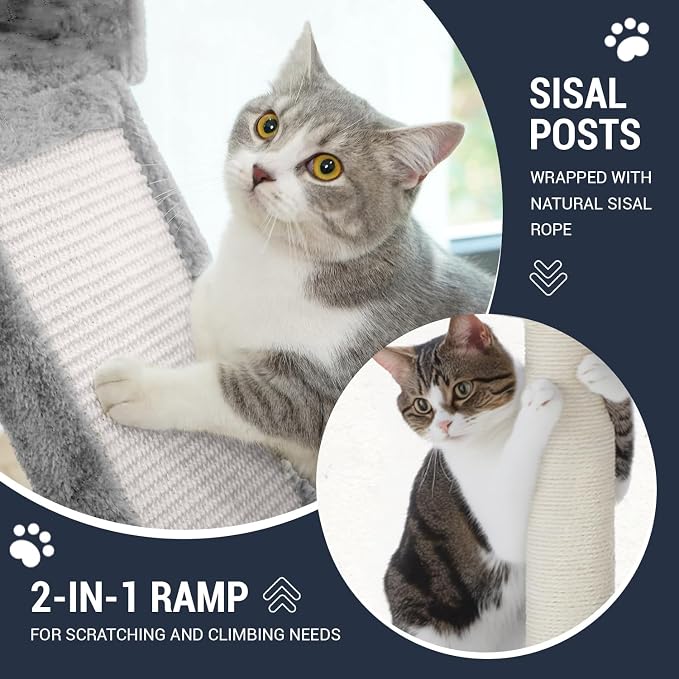 Allewie 68 Inches Cat Tree/House and Towers for Big Feline/Scratching Post/Multi-Level Large Kitty Climbing Tree with Condo/Light Grey