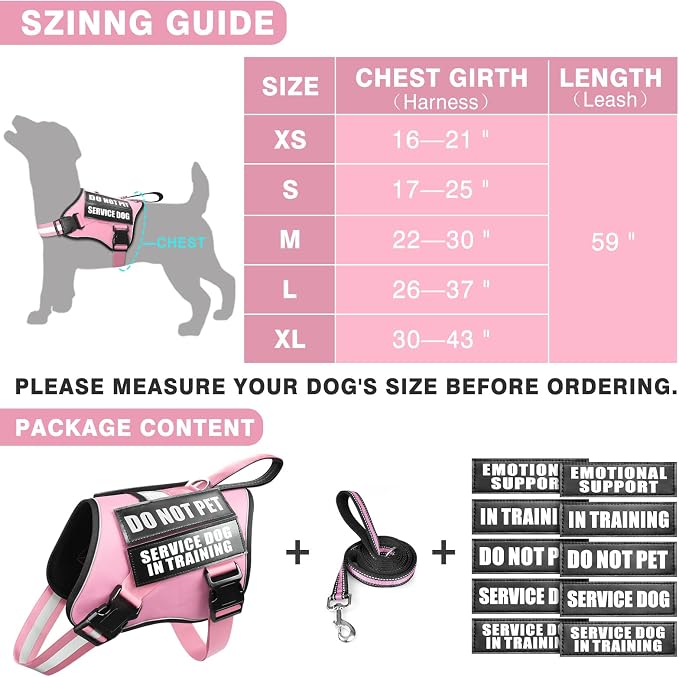 Service Dog Vest Harness and Leash Set+10 Patches,No Pull&Easy Walk Reflective Dog Harness with Soft Padded Handle for Training/Everyday,Fit Small/Medium/Large/Extra-Large Dogs (Pink L) | No Pull&Adjustable Reflective Dog Harness Large Sized,Dog Leash ...