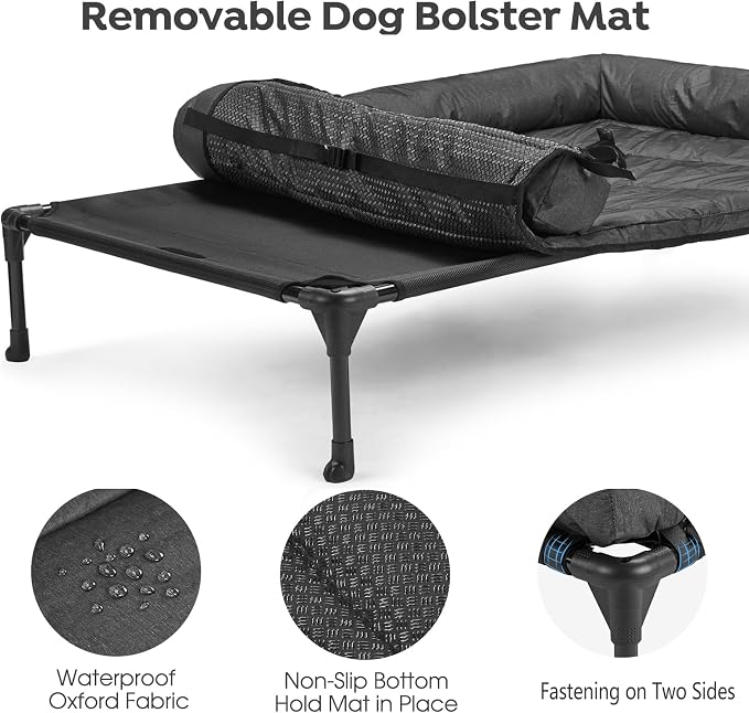 Veehoo Outdoor Elevated Dog Bed with Waterproof Bolster Cushion, Cooling | Raised Dog Bed with Removable & Washable Mat Topper, Breathable Mesh, Dog Couch Cot for Indoor Outdoor, 42", Large, Black