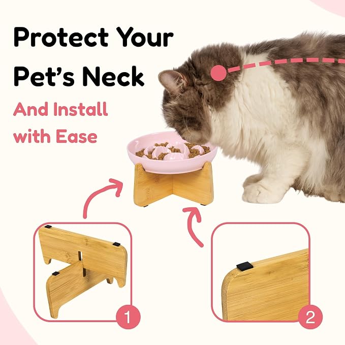 Elevated Slow Feeder Cat Bowl with Bamboo Stand, 6.3'' Ceramic Cat Food Bowl, Raised Whisker Friendly Cat Dish for Wet & Dry Food, Dishwasher Safe Anti-Slip Feeder for Cats & Small Dogs (Pink)