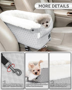 PETSFIT Small Dog Car Seat with Washable Cushion, Soft Pillow, Safety Leash | Dual Seat-rail Hooks with Adjustable Straps Help Reduce Shifting, Console Dog Car Seat for pets Under 8 lbs, Light Grey