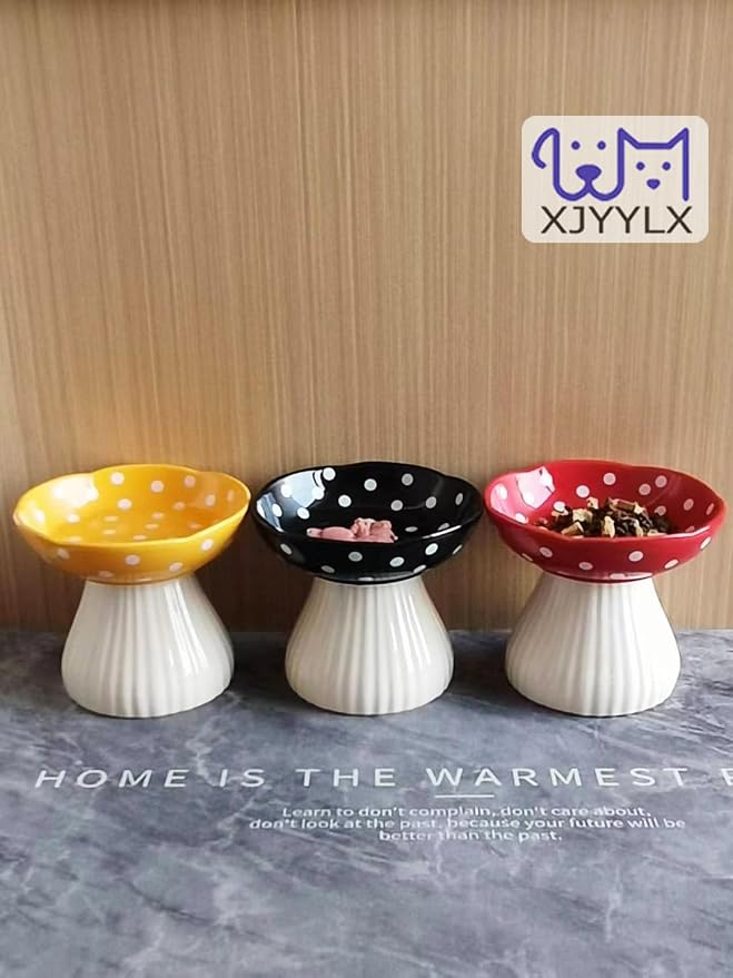 Mushroom Elevated Cat Bowls Ceramic, Cute Cat Bowls Whisker Fatigue | Raised Cat Bowl for Indoor Cats, Raised Dog Bowls Stand for Food and Water, Red+Yellow 6" Wide for Adult Cats