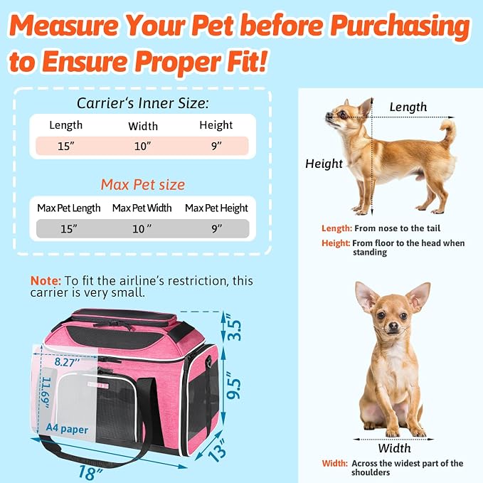 Petskd Top-Expandable Small Pet Carrier 18"x13"x9.5" Airline Approved | for Southwest Airlines, Lockable Safety Zippers and Anti-Scratch Mesh, Soft-Sided, Pets Under 10 Lbs, Pink