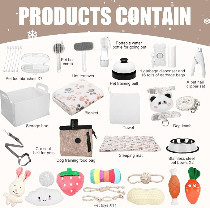 Abbylike 50 Pcs Puppy Supplies Starter Kit for Small Dogs Puppy Essentials Includes Leash, Bowls, Teeth Brushes, Water Bottle, and More Accessories for Dogs Christmas Welcome Gift (White)