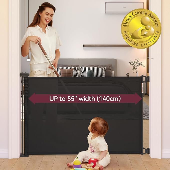 Momcozy Retractable Easy-to-Use Mesh Baby Gate | 33-Inch Tall, Extends to 55-Inch Wide, for Stairs, Doorways, Hallways, for Pet Dogs and Cats, Indoor/Outdoor Baby Gate