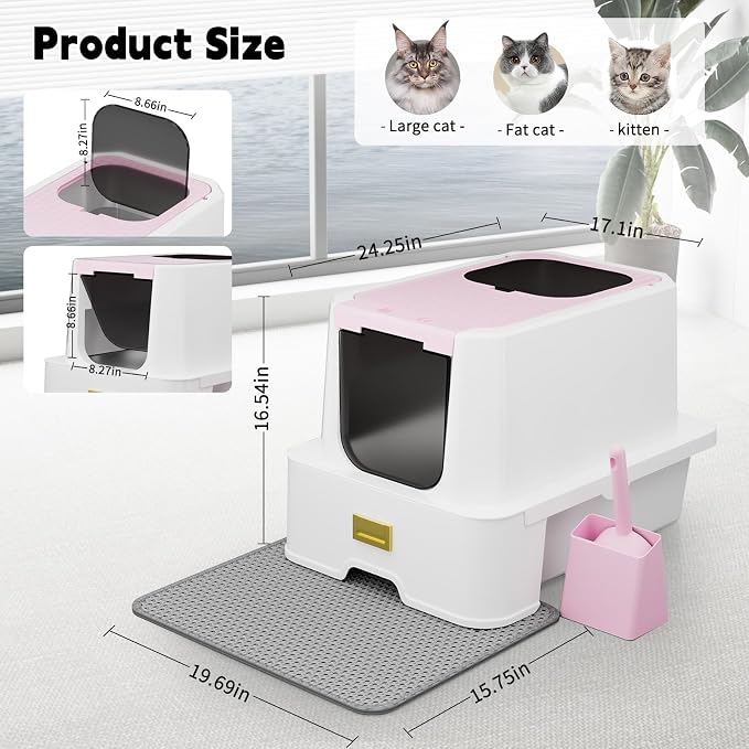 RIZZARI Pink Cat Litter Box: Covered Top Entry with Drawer & Spray | Pull-Out Drawer / Built-In Deodorizer Spray / Top Entry Reduces Mess / Spacious for Large Cats / Pink Blends with Home Decor