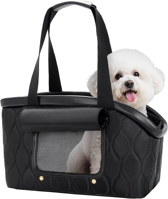 Luxury Dog Purse Carrier for Small Dogs Cats, TSA Airline Approved Puppy Kitten Carrier Soft-Sided Travel Tote Bag Up to 10 lbs (Black, 14.17'' L x 7.09''W x 8.66''H)