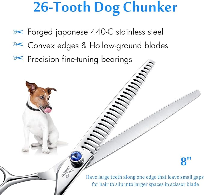 JASON Dog Grooming Chunker Scissors - 8" Blending Thinning Shears 26 Tooth | Ergonomic Cats Scissor Texturizing Shear Pets Trimming Kit with Offset Handle, Sharp, Comfortable, Gift