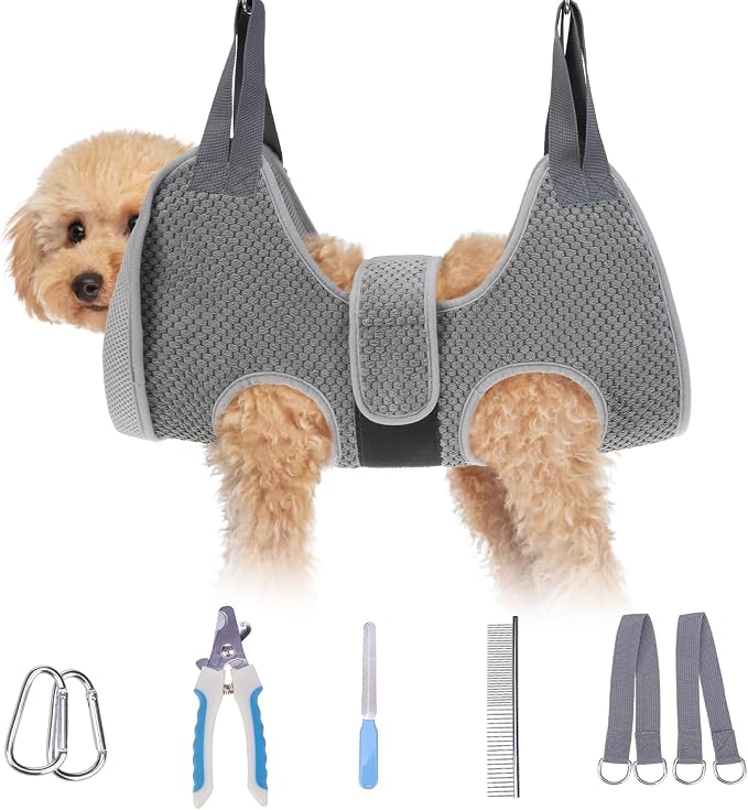BEAUTYZOO Dog Grooming Hammock for Small Dogs/Cats, Nail Trim Restraint, S | Dog Hanging Harness for Nail Trim, Adjustable Hook & Loop, Soft Neck Support/Dual Safety Straps for Stress-Free Grooming,Grey