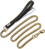 Strong Dog Chain Gold Leash Long 3FT 4FT 5FT 18K Stainless Steel 12mm Curb Cuban Link Dog Leash with Comfortable Genuine Leather Handle(Gold, 3FT)