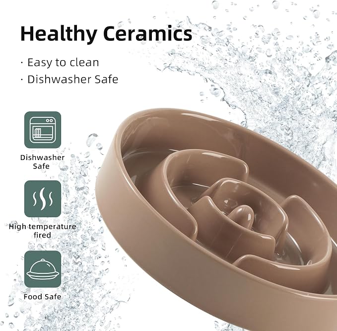 Havniva Elevated Slow Feeder Dog Bowls, Ceramic Dog Bowl Slow Feeder Set | 1.6 Cups Raised Slow Feeding Bowl for Medium Breed, 7.3” Dog Water Bowl with Wooden Stand, Puzzle Dog Slow Feeder, Non-slip
