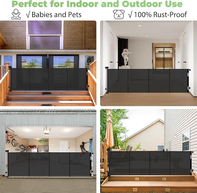 Reinforced 155" Extra Wide Baby Gate Retractable Dog Gate, Indoor/Outdoor | Retractable Fence for Large Openings, Space-Saving, Easy to Use, Scratch-Resistant Mesh, Safety Lock, Easy Install, Black