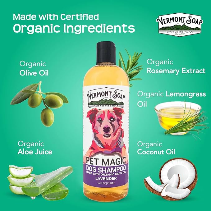 VERMONT SOAP Organic Pet Shampoo, Lavender Natural Dog Shampoo, 16 oz | Lavender scent, organic olive oil, coconut & aloe vera, soothing pet care, USDA Certified Organic, sensitive skin formula