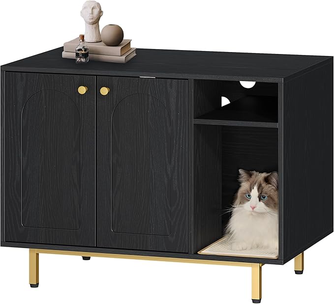 Hzuaneri Cat Litter Box Enclosure, Hidden Litter Box Furniture with Storage | Large Wooden Cabinet with Sisal Mat, Modern Cat Washroom for Living Room, Bedroom, Entryway, Black and Gold CB01504G