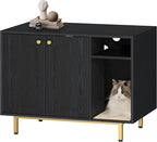 Hzuaneri Cat Litter Box Enclosure, Hidden Litter Box Furniture with Storage | Large Wooden Cabinet with Sisal Mat, Modern Cat Washroom for Living Room, Bedroom, Entryway, Black and Gold CB01504G
