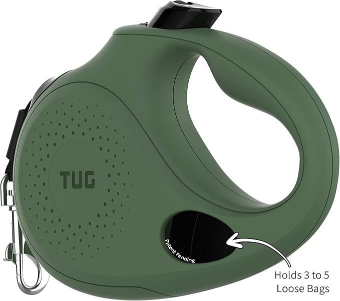 TUG Oval 360° Tangle-Free Retractable Dog Leash with Integrated Waste Bag Dispenser (Large, Green)