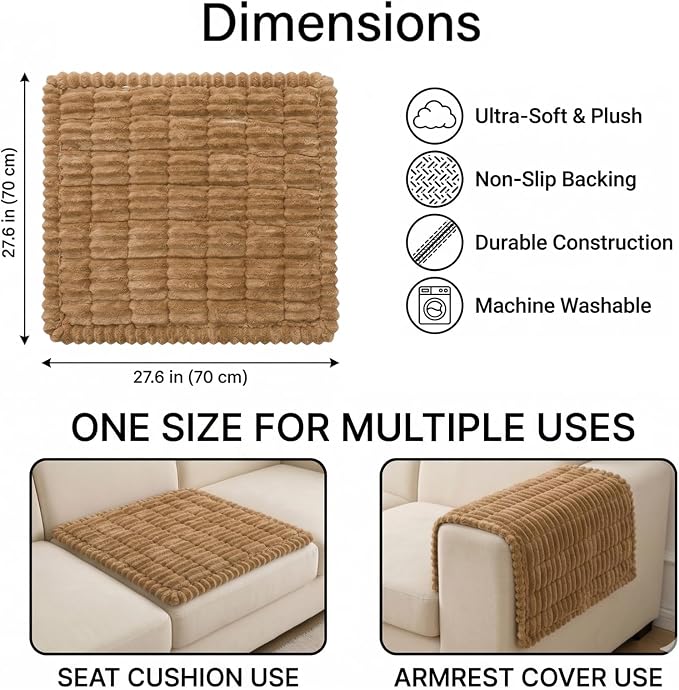 Non Slip Couch Armrest Covers for Dogs, Fuzzy Pet Sofa Arm Covers | Washable for Armrest & Backrest, Soft Thick Furniture Protector for Cats Dogs, Against Fur, Dirt, 27.6" x 27.6", Camel