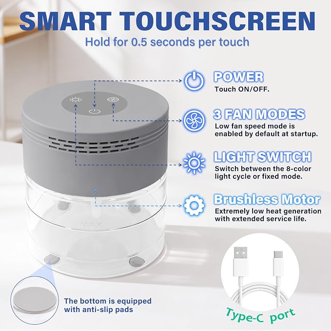 Water Air Purifier, Water Based Air Purifier for Home with 48H Auto Shut-off, 3 Speeds, Air Washer with 8 LED Night Lights, Air Freshener Revitalizer for Bedroom Office Room Pets Smoke