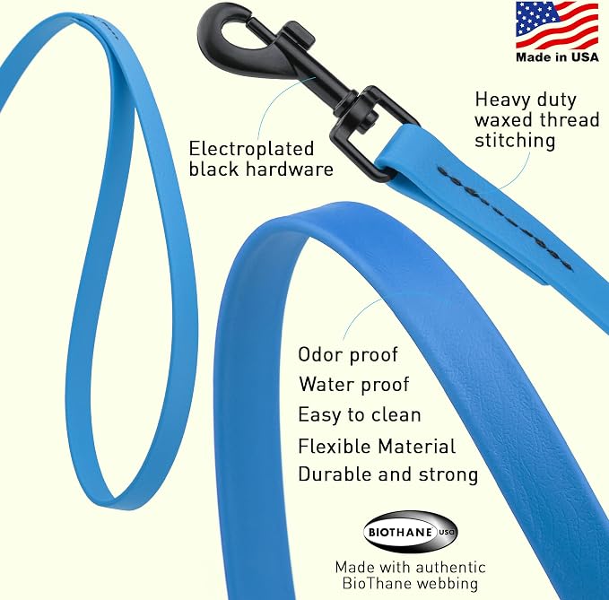 Dogline Biothane Waterproof Dog Leash Strong Coated Nylon Webbing with Black Hardware Odor-Proof Easy to Clean High Performance for Small or Large Dogs Made in USA 2 ft Lead, Cerulean Blue
