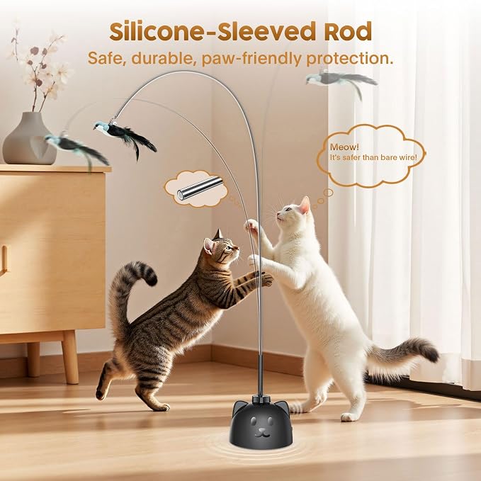 Interactive Cat Toys for Indoor Cats, 360° Automatic Spin Flying Bird Wand | 8cm Suction Cup & Weighted Base, Silicone-Protected Rod, USB Rechargeable with Replaceable Feather & Streamer Attachments