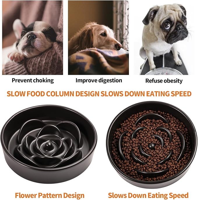 8.26 in Black Dog Bowl Slow Feeder Ceramic for Medium and Large Breed,Elevated/Raised Slow Feeding Dog Food Water Dish Heavy Weighted,Puppy Dish for Fast Eaters,Puzzle Eating Bowl Modern Maze