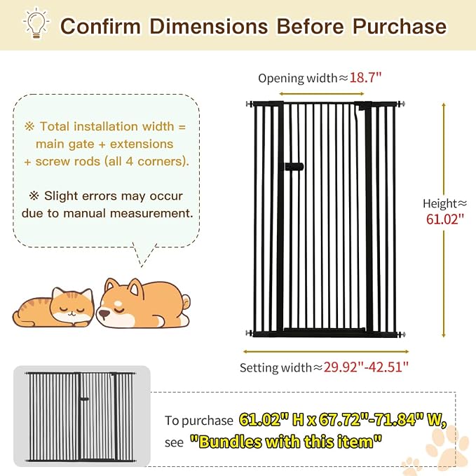 Lumizone Extra Tall Cat Gate 61.02" High 29.92"-42.51" Wide Pet Gate Black | Dog Gate for Doorway Hallway Stairs Pressure Mounted Extra Wide 1.37" Gap No Drilling Auto-Close One-Handed Operation