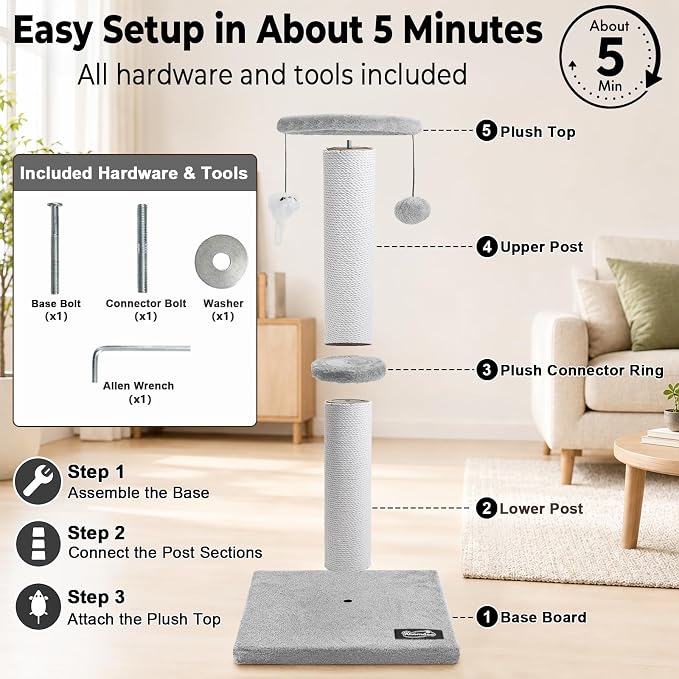 34"Tall Cat Scratching Post for Large Cats, Stable Base, Light Gray | Heavy-Duty Cat Scratcher, Extra-Tall Thick Post, Soft Natural Cotton Rope, Hanging Interactive Cat Toys, Indoor Cat Furniture