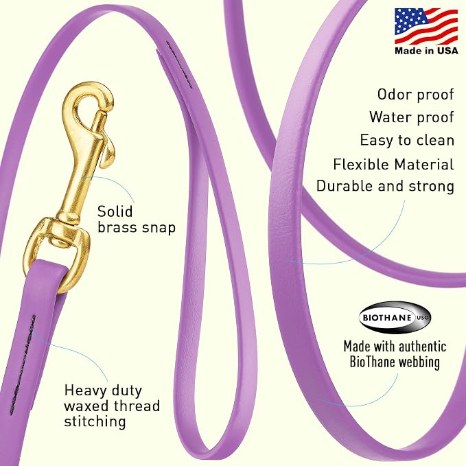 Viper Biothane K9 Working Dog Leash Waterproof Lead for Tracking Training Schutzhund Odor-Proof Long Line with Solid Brass Snap for Puppy Medium and Large Dogs, 10ft Amethyst Purple